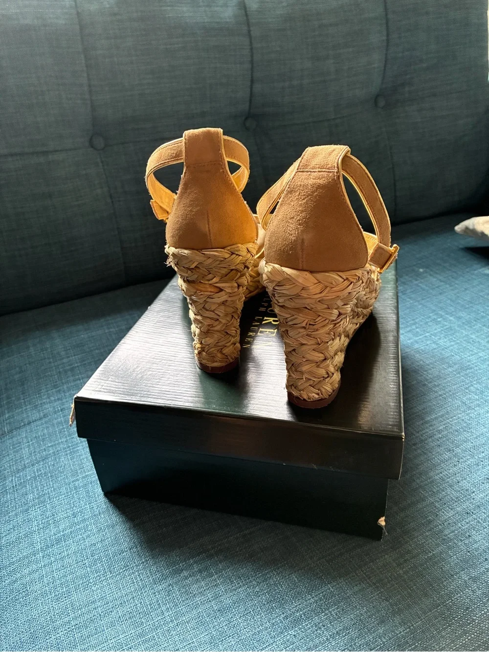 Ralph Lauren Tan Suede Espadrille Wedge Sandals